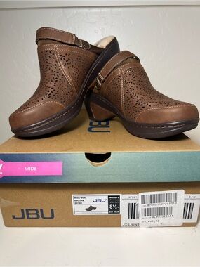 JBU Brown Perforated Clog Mules with Adjustable Strap
